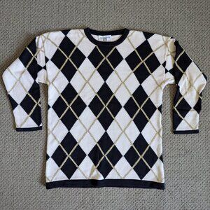 Vintage Argyle Sweater by Anne Klein Knitwear – Black - Cream -Gold, size M